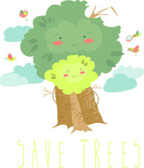 ECO FRIENDLY. Ecology concept with cartoon trees. Vector illustration