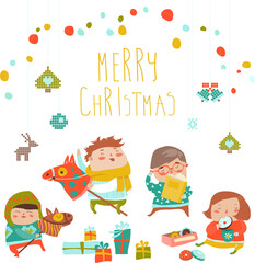 Vector Christmas Card with cute kids, sweets and christmas presents