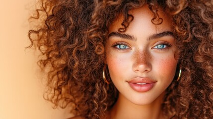 Fototapeta premium This vibrant portrait showcases a young woman with beautiful curly hair, striking blue eyes, and a warm smile against a soft, peach background emphasizing her features.
