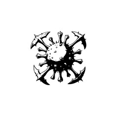 Black and white illustration of a stylized virus or microbe art design