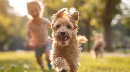 A joyful dog dashes through a sunlit park, accompanied by a child, capturing the essence of carefree outdoor play and the bond between pets and children.