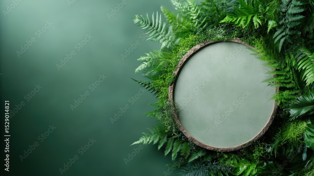Aufkleber a circular frame made from natural materials surrounded by a vibrant arrangement of ferns, creating 