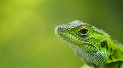 Obraz premium A stunning close-up of a vibrant green lizard, showcasing its intricate scales and captivating eyes, surrounded by a dreamy, blurred green background that adds depth.