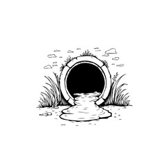 Doodle Drawing of Drainage Pipe with Water Flowing in Black and White Style
