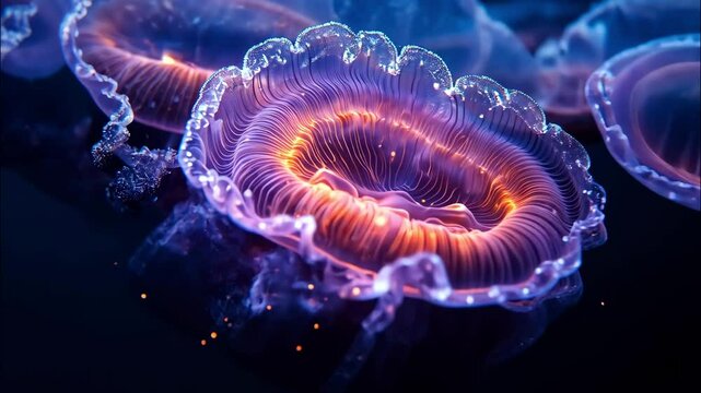  Colorful glowing jellyfish floating underwater in deep ocean with electric light patterns