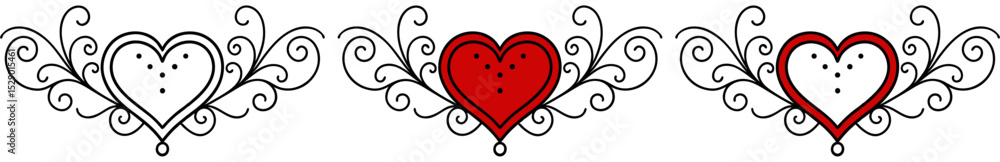 Poster decorative divider with hearts and swirls, isolated vector image on transparent background, three ve