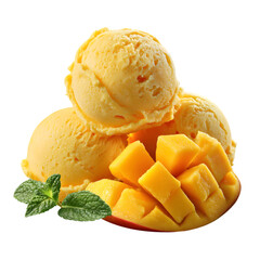 Mango Ice Cream Delight: Three scoops of creamy mango ice cream, nestled alongside fresh, diced mango slices and a sprig of mint. A refreshing summer treat. 