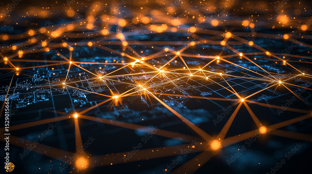 Poster 555555glowing network of interconnected lines and nodes forms vibrant digital map illustrating globa