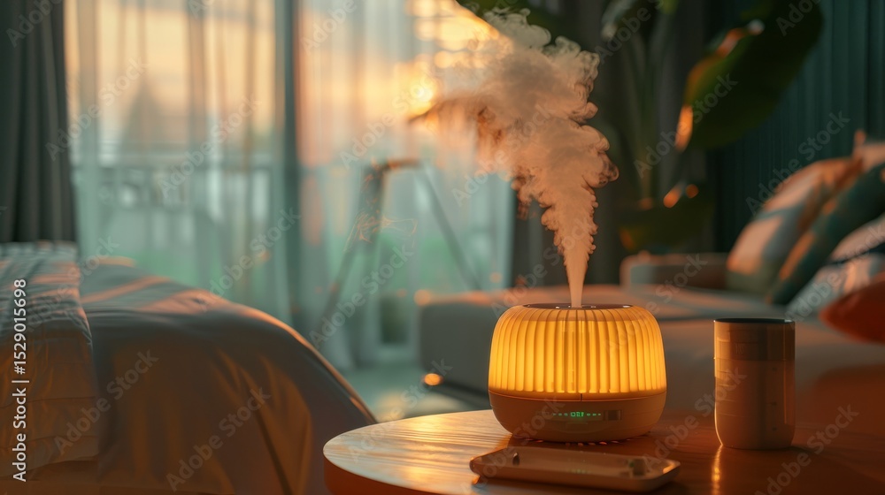 Poster this serene image captures an elegant diffuser releasing fragrant steam in a softly lit room, creati
