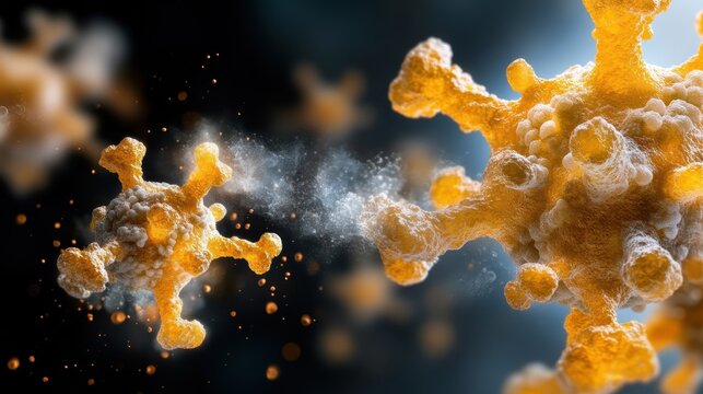 An intricate and dynamic depiction of a virus highlighted in shades of yellow and orange, illustrating its complex structure and active particles, symbolizing health awareness. - Powered by Adobe