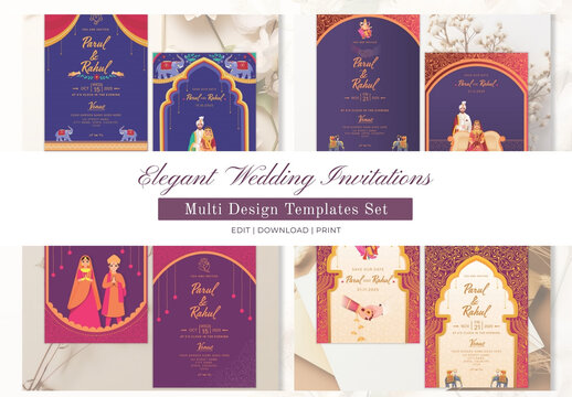 Elegant Indian Wedding Invitation Cards Collections, Multiple Invitations, Ready to Print and Editable Adobe Illustrator File. 