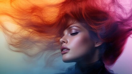 An ethereal beauty with vibrant, flowing hair poses gracefully, capturing an artistic blend of colors and emotions, reflecting an extraordinary expression of freedom and creativity.