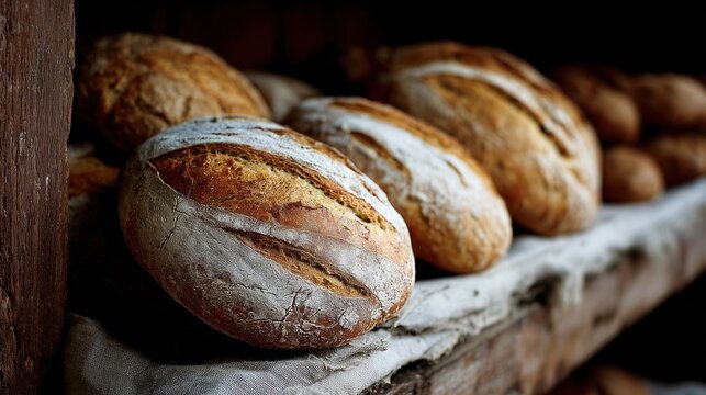 Pains artisanaux au levain fraichement cuits sur etagere en bois