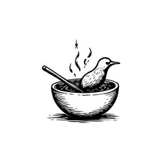 Humorous avian soup: Conceptual illustration of a bird swimming in a bowl of broth