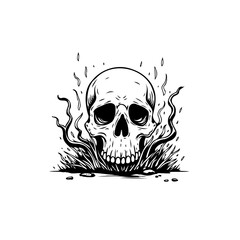 Striking monochrome illustration of a skull surrounded by flames and grass