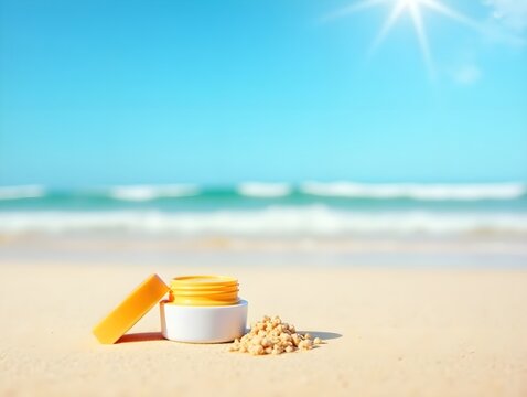 Sunscreen cream jar on sandy beach with ocean waves and blue sky backdrop