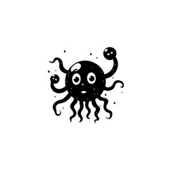 Cute cartoon octopus with a funny face in black and white illustration