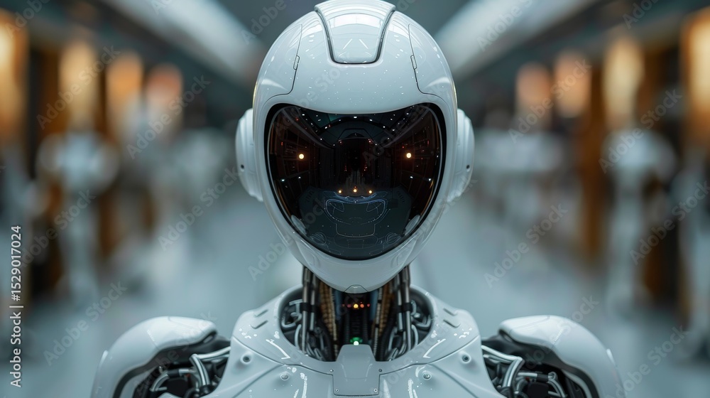 Aufkleber this image portrays a highly detailed futuristic robot featuring a sleek, reflective helmet, represe