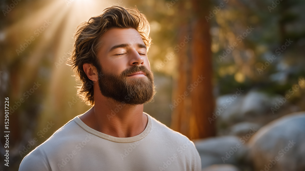 Aufkleber man with beard senses tranquility in natural setting with sunlight streaming through trees. serene a