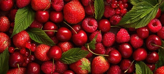The vibrant assortment of fresh red berries and green leaves on display.