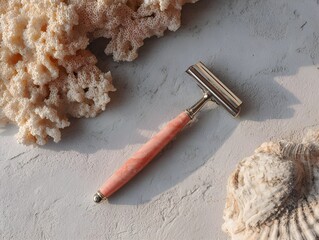 Coral handle razor poised on smooth dove grey surface blending vibrant color sleek grooming appeal