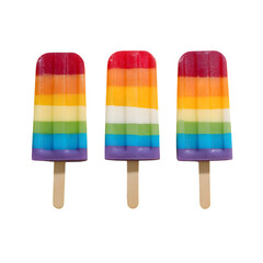 Colorful Delights: Three vibrant, rainbow-colored ice pops on wooden sticks. These frozen treats symbolize joy, fun, and the simple pleasures of summer. 
