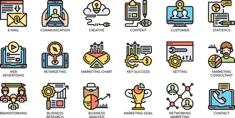 Marketing Strategy Icons A Comprehensive Collection of Digital Marketing, Business, and Web Design Elements for Presentations and Projects
