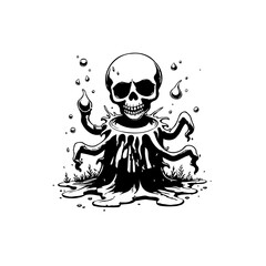 Creepy skull with octopus tentacles in black and white graphic illustration