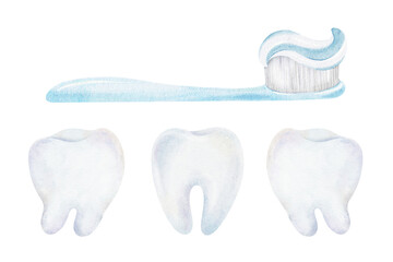 Kids stomatology Set of Healthy Teeth and blue toothbrush with toothpaste. Isolated hand drawn watercolor illustrations. Clip art for pediatric dentistry, products of dental health care