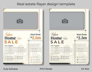 Real estate flyer template design. Real estate house and property selling, rent home, and flat printable flyer design template.