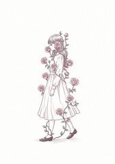 girl with a bouquet of flowers illustration