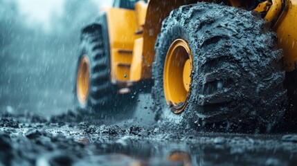 A dramatic capture of a construction vehicle's massive tire splashing through muddy terrain while rain falls, showcasing the struggle of machinery in harsh conditions.