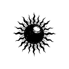 Stylized Black Sun Illustration with Radiant Rays on White Background Minimalist Design