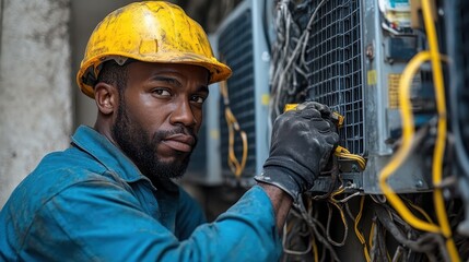 A skilled technician focused on repairing complex air conditioning units, showcasing expertise, concentration, and the technical aspect of modern maintenance work.