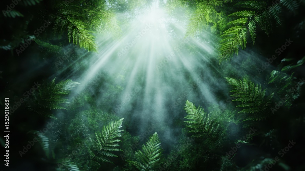 Poster a breathtaking view of a lush green forest, sunlight filtering down through the trees, creating a pe