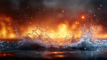 An intense visual of splashing water set against a dramatic fiery background, representing the clash of elements and evoking feelings of power and energy.