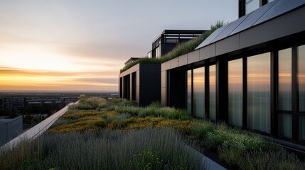 Fototapeta premium A sleek urban rooftop garden beautifully adorned with greenery, capturing the stunning hues of the sunset sky, merging nature with modern architecture for peaceful living.
