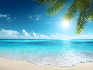 Obraz premium 白い砂浜とヤシの木が広がる南国リゾートの透き通る海と夏空