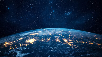 Obraz premium A breathtaking view of Earth from space, with city lights across the Americas, the glowing atmosphere, and the starry sky emphasizing the beauty of the planet and its vibrant oceans.