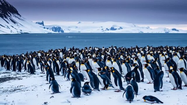 Gentoo penguin colony in the South Pole, Antarctic Peninsula. A large group of wild animals resting on a snowy hill, cold sea and mountains in the background. 4k video
