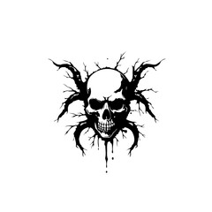 Monochrome skull graphic with branch-like extensions conveying death and decay