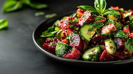 A vibrant and fresh vegetable salad featuring cucumbers, beets, and basil, arranged in a stylish bowl, perfect for health enthusiasts and culinary delights.