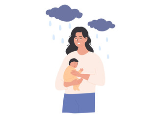 Young mother holding baby with sad expression and dark clouds overhead. Postpartum depression, baby blues concept. Emotional struggle and maternal mental health challenges. Flat Vector Illustration.