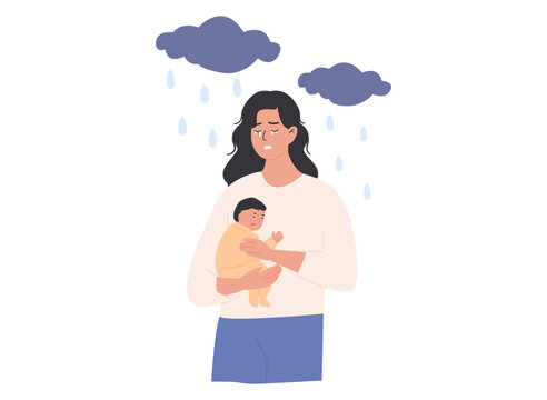 Young mother holding baby with sad expression and dark clouds overhead. Postpartum depression, baby blues concept. Emotional struggle and maternal mental health challenges. Flat Vector Illustration.