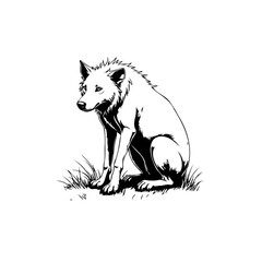 Monochrome illustration of a seated wolf with a contemplative expression in nature