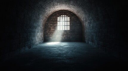 Fototapeta premium This atmospheric image features a dark stone cell illuminated by a single beam of light, evoking feelings of confinement, solitude, and hope in adversity.
