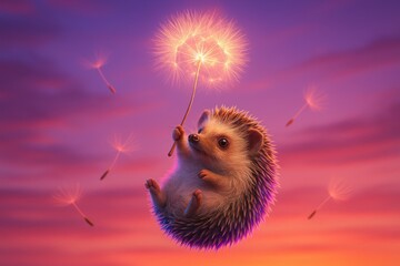 A magical hedgehog flying with a glowing dandelion at sunset, creating a fantasy atmosphere with vibrant purple and orange hues.