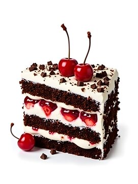 A decadent slice of black forest cake with layers of chocolate sponge, whipped cream, and cherry filling, topped with chocolate shavings and cherries. A classic German dessert. Isolated on clean white