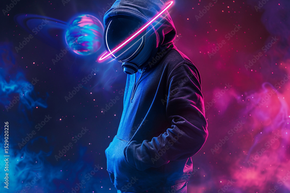 Poster spacesuit helmet displays a modern, high-tech generative ai