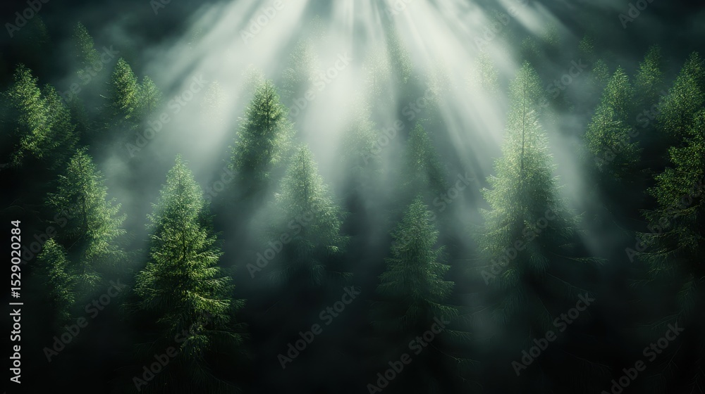Poster an enchanting misty forest scene where sunlight breaks through towering trees, creating a magical at